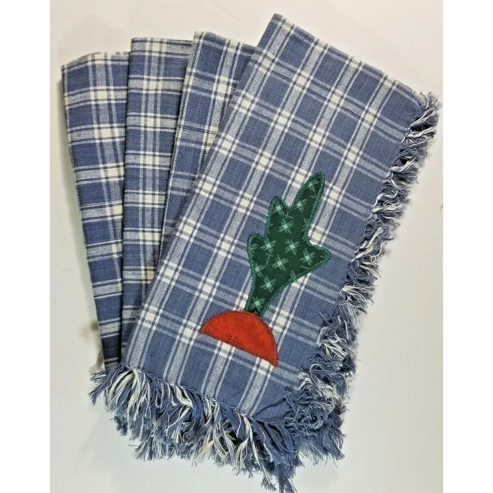 Southwestern Cactus Fabric Napkins Blue Plaid Set of 4 Fringe Edge NEW Tags